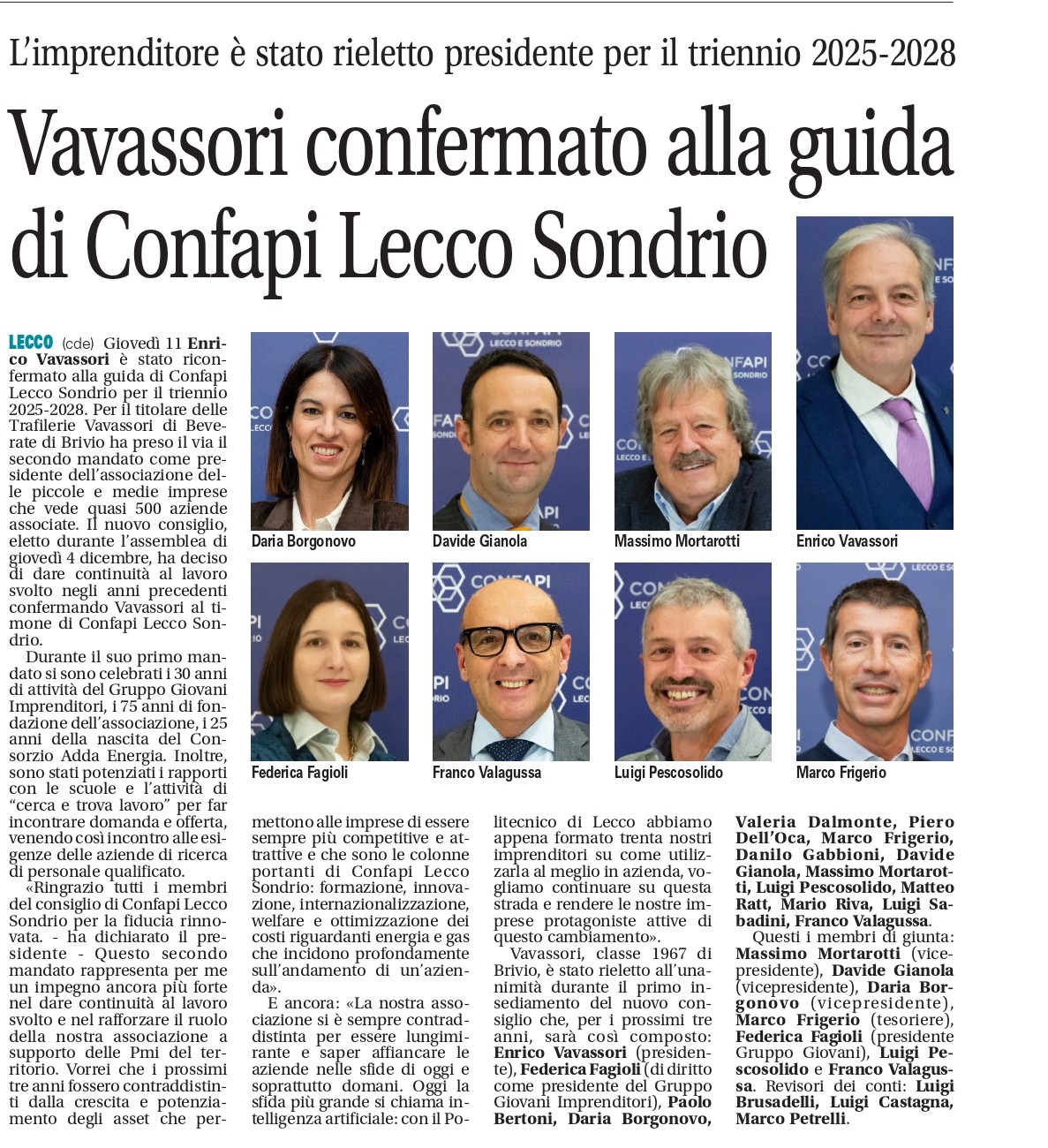 Vavassori confermato presidente: rassegna stampa