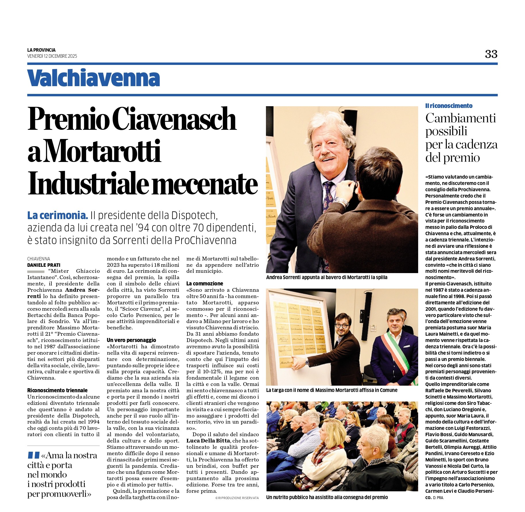 Premio Ciavenasch a Mortarotti Industriale mecenate