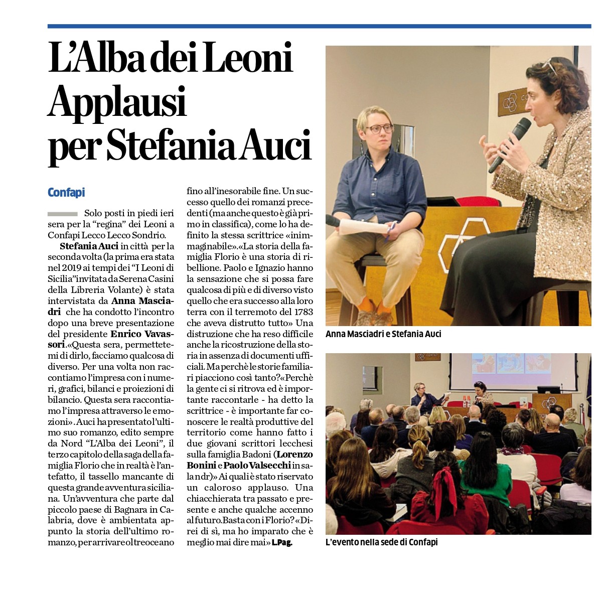 Stefania Auci in Confapi Lecco Sondrio: rassegna stampa